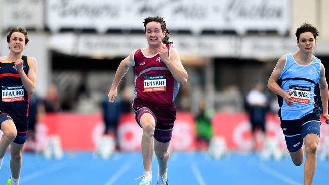 River Dowling (SA), Archie Tennant (QLD) and Jack Proudford (NSW) compete in the Boys U14 100m