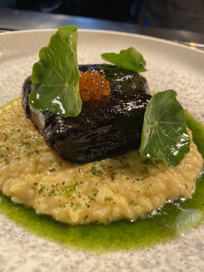 Roasted barramundi wrapped in nori, creamed corn, rice at Sora restaurant and bar in Pirie St. Picture: Simon Wilkinson