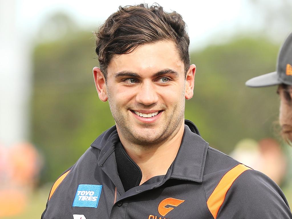 SYDNEY, AUSTRALIA - FEBRUARY 29: Tim Taranto of the Giants is seen at quarter time with his arm in a sling during the 2020 AFL Marsh Community Series match between the Greater Western Sydney Giants and the Sydney Swans at Blacktown International Sportspark on February 29, 2020 in Sydney, Australia. (Photo by Mark Kolbe/Getty Images)