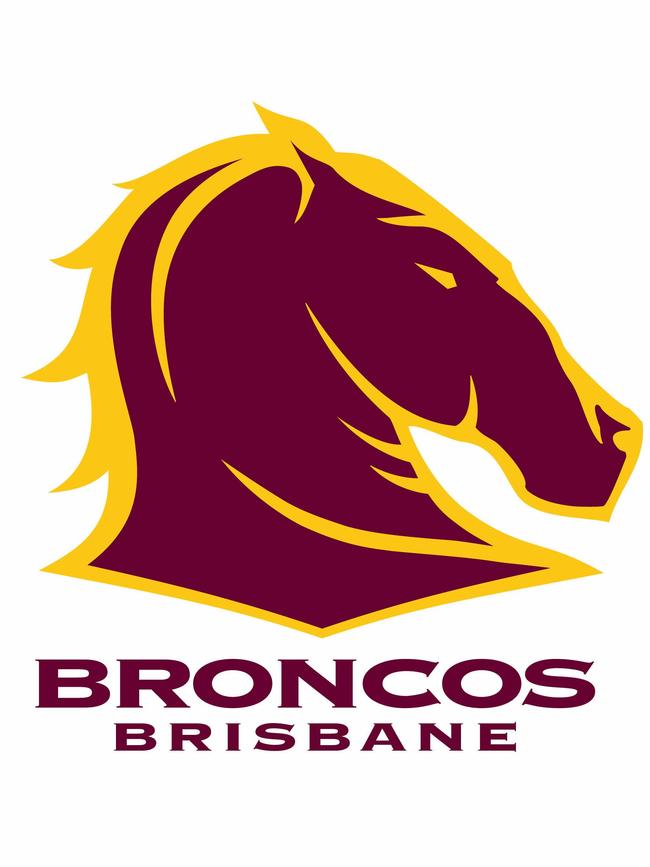 The Brisbane Broncos logo is centred around an image of a Bronco.