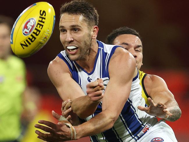 Richmond vs North Melbourne at Metricon Stadium, Gold Coast. 18/07/2020.  Jamie Macmillan of the Kangaroos    . Pic: Michael Klein