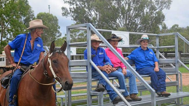 TESTING THE STANDS: Eidsvold Cattle Drive Committee members Ned Neumann, Lindsay and Roslyn Payne and Katherine Morice show off the new stands. Picture: Felicity Ripper