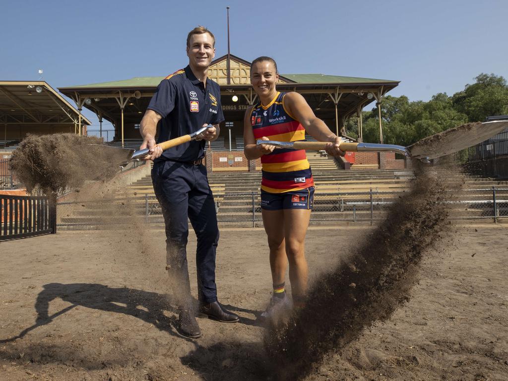 Jordan Dawson and Ebony Marinoff marking the official commencement of construction on the club’s new headquarters. Picture: Brett Hartwig