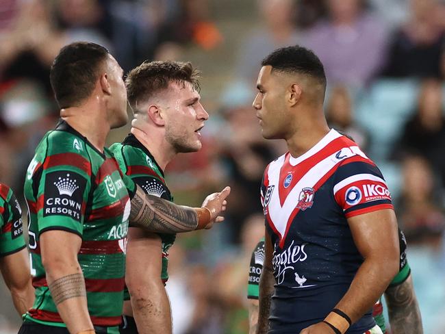 SYDNEY, AUSTRALIA - MARCH 26:  Daniel Suluka-Fifita of the Roosters has words with Jai Arrow of the Rabbitohs after being sent to the sin-bin during the round three NRL match between the South Sydney Rabbitohs and the Sydney Roosters at Stadium Australia on March 26, 2021, in Sydney, Australia. (Photo by Cameron Spencer/Getty Images)