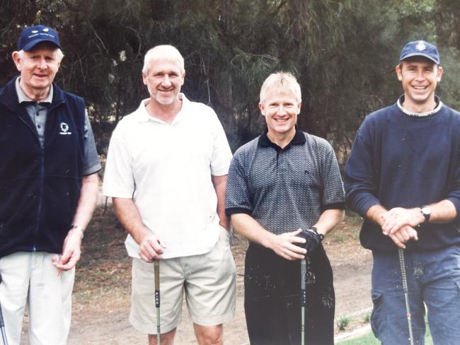 Bill McMaster, Gary Davidson, Stephen Wells and Paul Brown at a Geelong FC Gold Day in the mid 1990s. Picture: Private collection