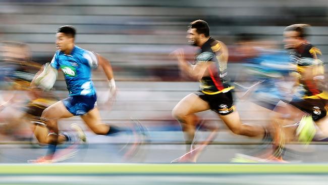 Rieko Ioane of the Blues makes a break at Eden Park.