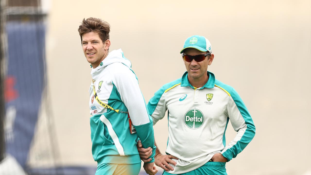 SYDNEY, AUSTRALIA - JANUARY 06: Justin Langer, coach of Australia, and Tim Paine of Australia look on during an Australian nets session at the Sydney Cricket Ground on January 06, 2021 in Sydney, Australia. (Photo by Ryan Pierse/Getty Images)