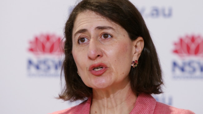 Premier Gladys Berejiklian is seen during Monday's press conference as she announced 818 local COVID-19 cases. Picture: Getty Images