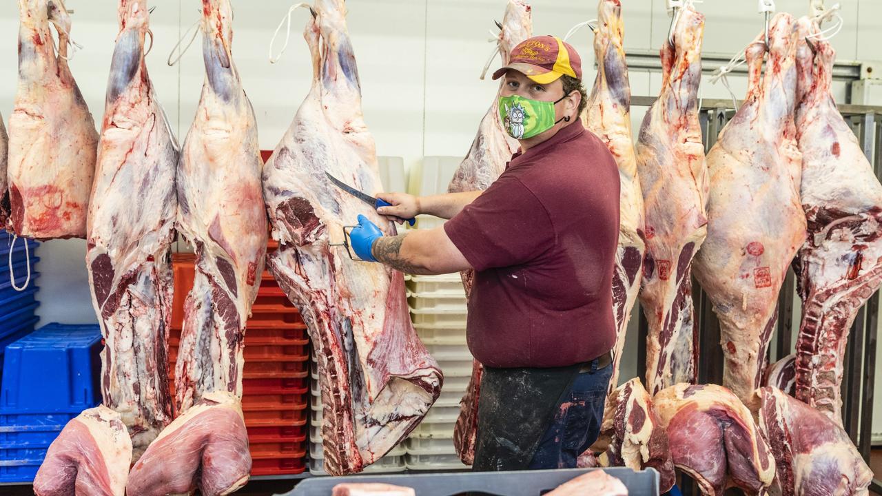 Patton's butcher Kane Tzvetkoff as the Hooper Centre butcher has plenty of supply and is swamped by customers. Picture: Kevin Farmer