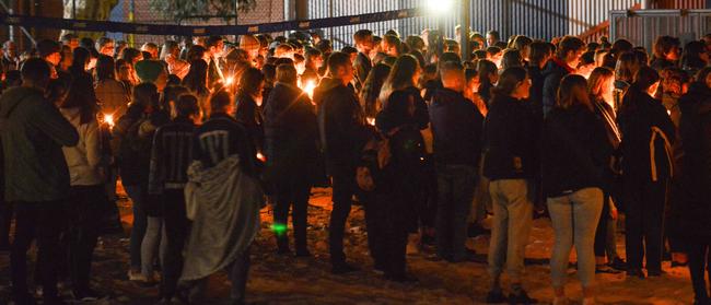 A section of the large candle light vigil held for Sophia Naismith at Brighton High School on Tuesday evening. Picture: Brenton Edwards