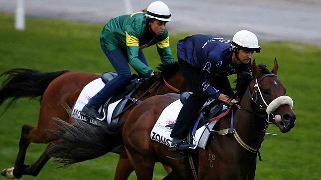 Chris Waller pair of Zoustar and Moriarty work together up the Flemington straight on Tuesday. Picture: Michael Klein