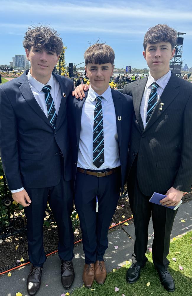 Caleb Laming, Matthew Oliver and Riley Bell at Flemington for Derby Day on November 2, 2024. Picture: Phillippa Butt