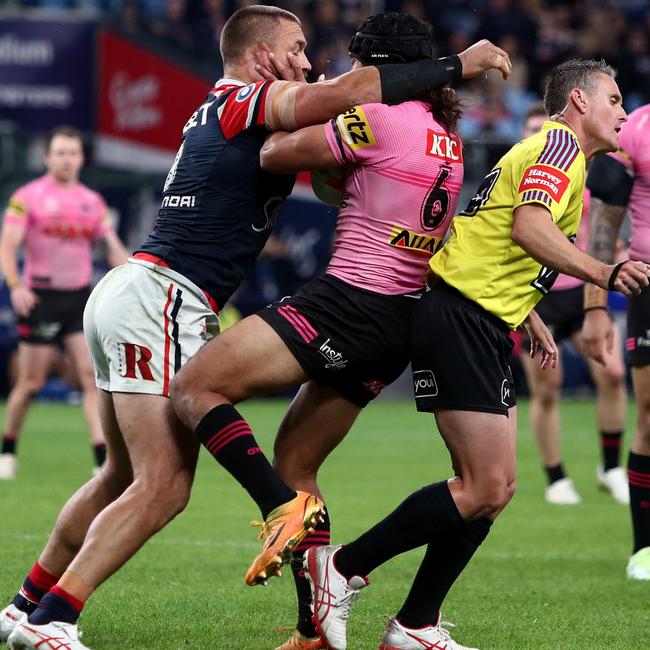 Jared Waerea-Hargreaves crunches Jarome Luai. Picture: Jason McCawley/Getty