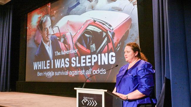 Advertiser editor Gemma Jones speaking at the While I Was Sleeping documentary. Picture: Brenton Edwards