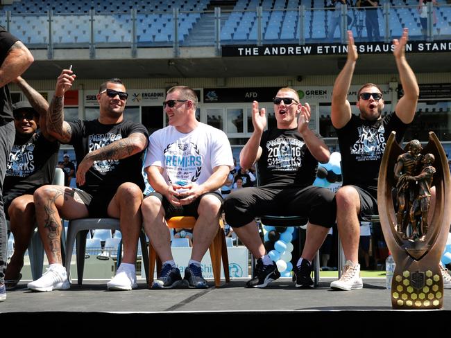 Andrew Fifita ,Paul Gallen ,Luke Lewis and Wade Graham during the Cronulla Sharks fan day at Shark Park after they won the 2016 NRL grand Final . Picture : Gregg Porteous