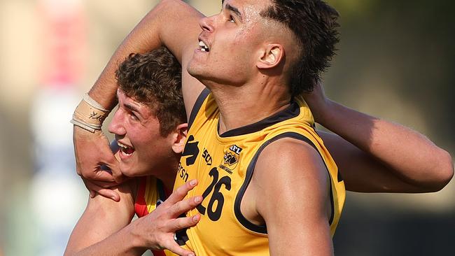 Alex Dodson is put in a headlock during a ruck contest at this year’s South Australia-Western Australia game during the AFL under-18 championships. Picture: Sarah Reed/AFL Photos via Getty Images