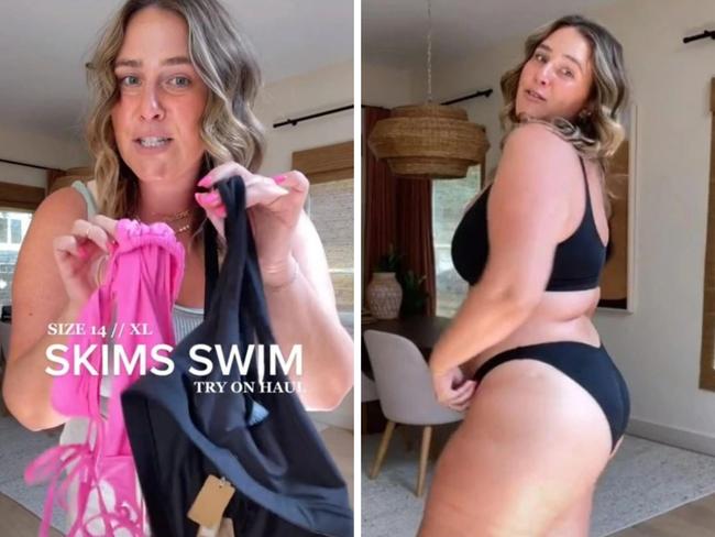 A plus-size woman who tried SKIMS swimwear for the first time had to cover her chest in the too-small suit out of fear TikTok would ban her. Picture: TikTok