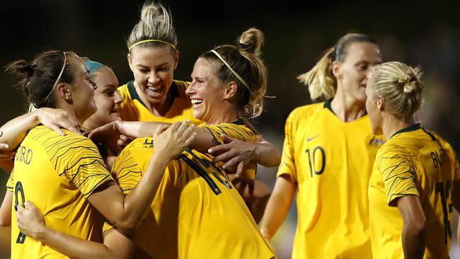 Matildas players celebrate another goal. Picture: Getty Images 