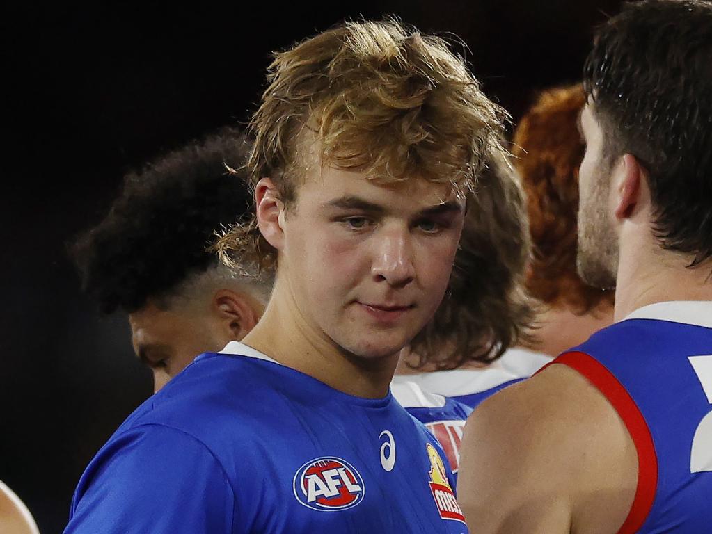 MELBOURNE, AUSTRALIA. April 12, 2024. AFL. Round 5. Western Bulldogs vs. Essendon at Marvel Stadium. Bulldog Ryley Sanders at 3 qtr time after being subbed out during the 3rd term. Pic: Michael Klein