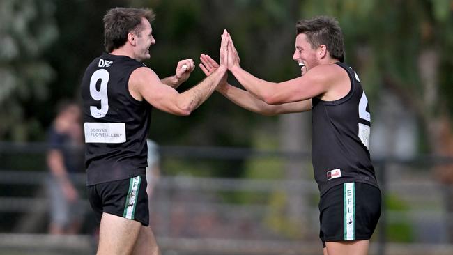 Eastern: Donvale’s Kyle Wignell and Harrison Giles celebrate a goal. Picture: Andy Brownbill