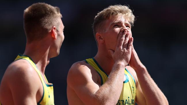 Ashley Moloney, right, reacts after running a personal best time for third in the men’s decathlon 110m Hurdles Heat 3, with teammate Cedric Dubler sharing his joy. Picture: Patrick Smith/Getty Images