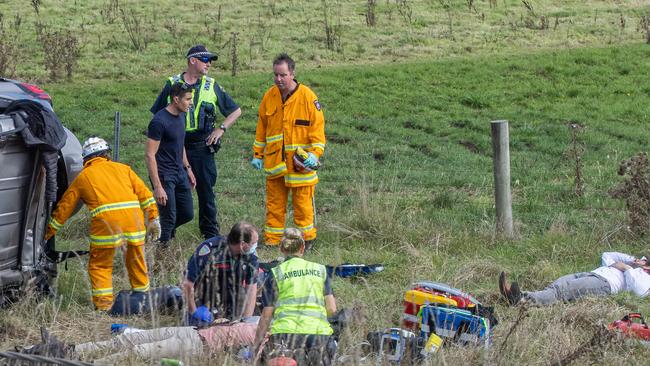 ELECTION TEAM 2022 LIBERAL BUS TOUR 14/4/2022 Prime Minister Scott Morrisons security detail have a car accident rolling several times on the highway between Launceston and Davenport near Elizabeth Town. Picture: Jason Edwards