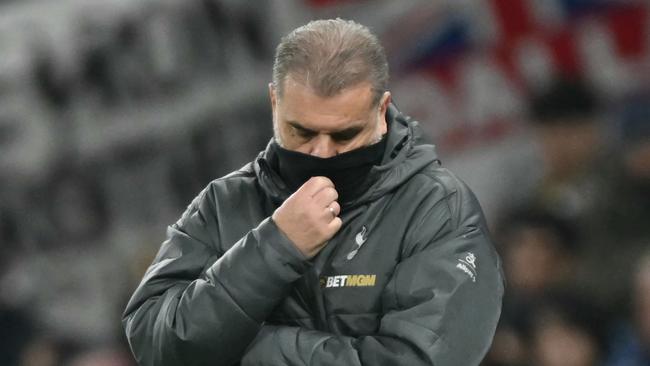 Tottenham Hotspur's Greek-Australian Head Coach Ange Postecoglou reacts during the English Premier League football match between Tottenham Hotspur and Wolverhampton Wanderers at the Tottenham Hotspur Stadium in London, on December 29, 2024. (Photo by Glyn KIRK / AFP) / RESTRICTED TO EDITORIAL USE. No use with unauthorized audio, video, data, fixture lists, club/league logos or 'live' services. Online in-match use limited to 120 images. An additional 40 images may be used in extra time. No video emulation. Social media in-match use limited to 120 images. An additional 40 images may be used in extra time. No use in betting publications, games or single club/league/player publications. /