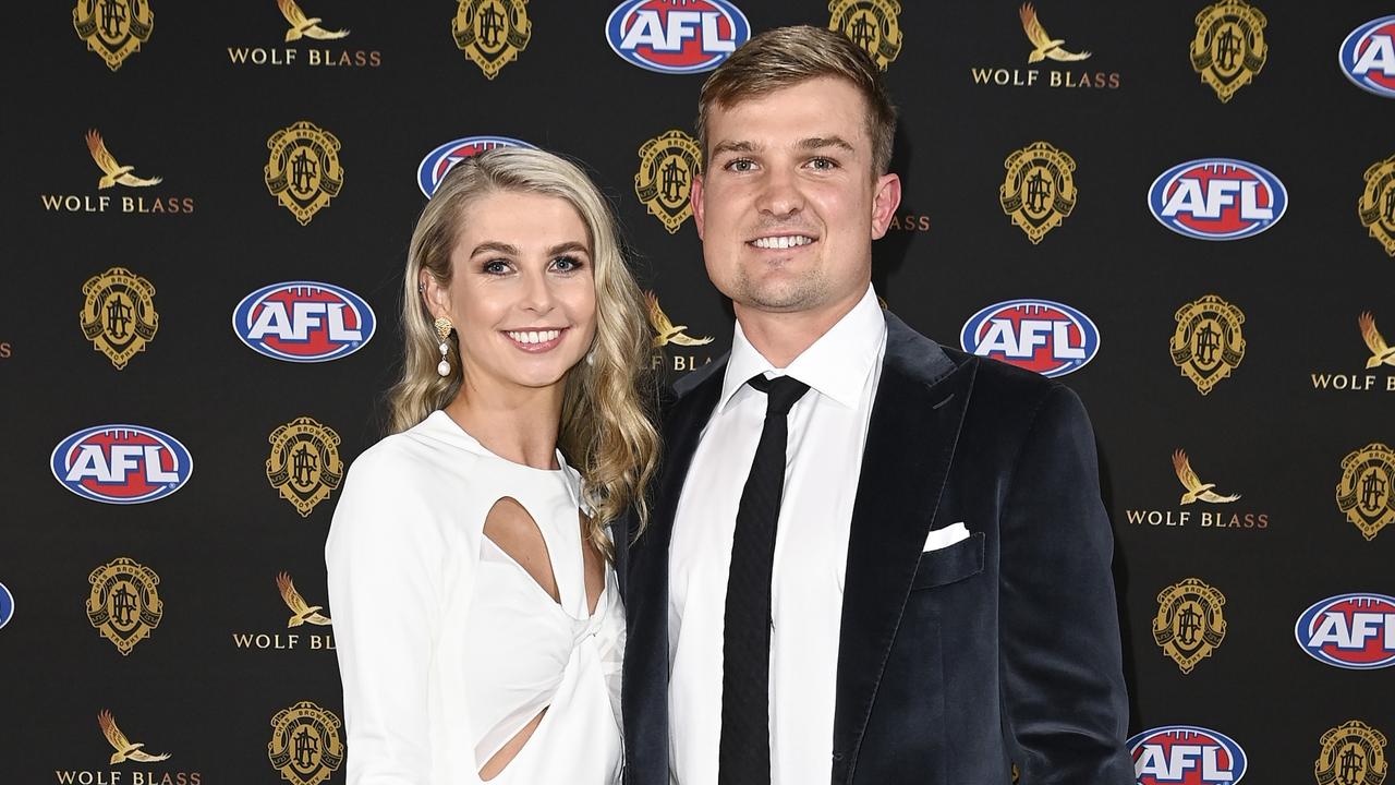 Ollie Wines and partner Olivia May arrive ahead of the 2021 AFL Brownlow Medal. (Photo by Stefan Gosatti/Getty Images)