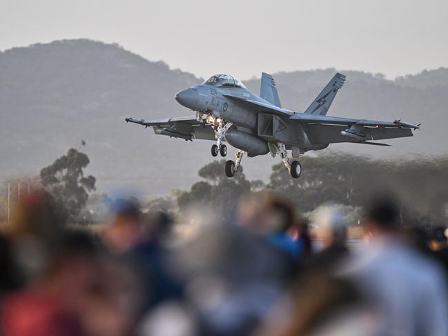 A Royal Australian Air Force F-18 jet fighter lands after an aerial display during the Australian International Airshow Aerospace and Defence Expo at Avalon Airport in Geelong on March 3, 2023. (Photo by Paul CROCK / AFP)