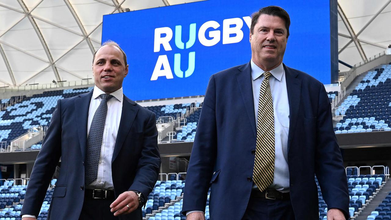 Waugh with Rugby Australia chairman Hamish McLennan, who is under pressure to resign. Picture: Saeed Khan / AFP