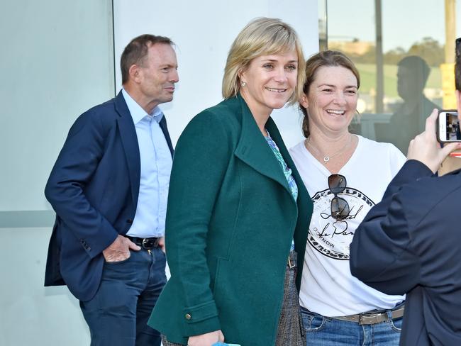 Tony Abbott and rival Zali Steggall outside a prepoll voting centre at Brookvale on Thursday, May 16. Picture: Troy Snook