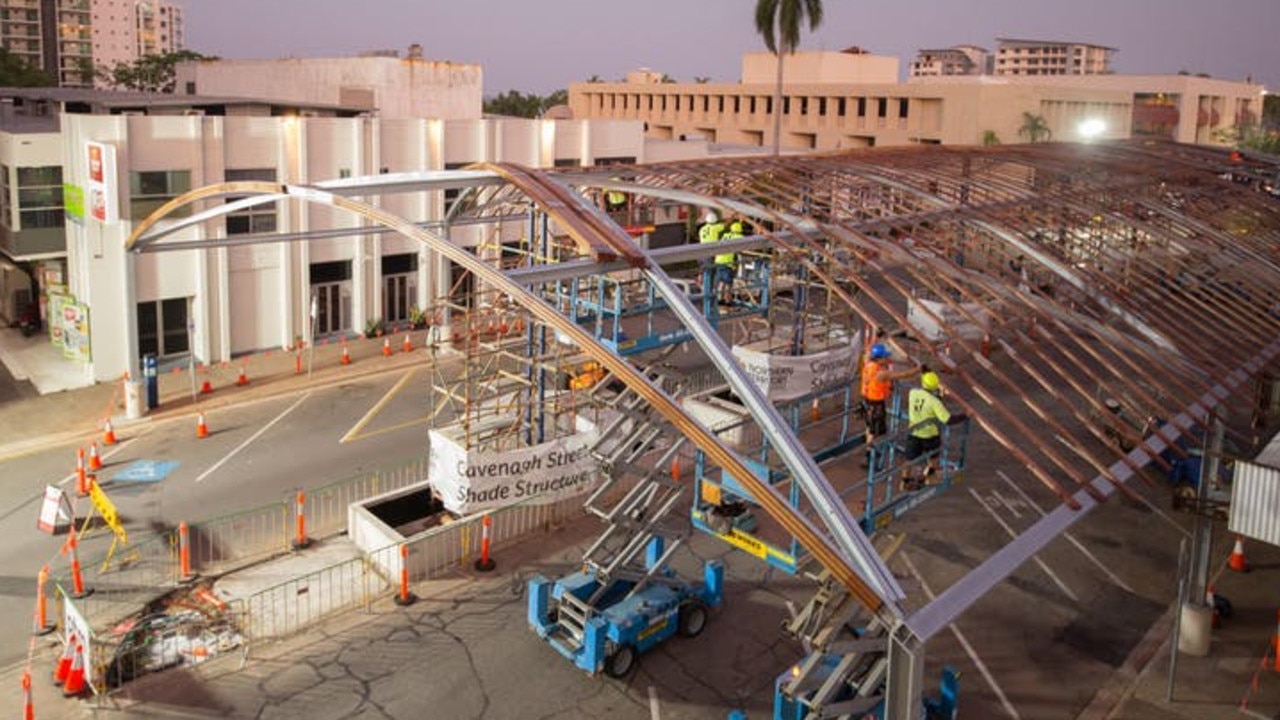 An extensive cooling vine-covered shade structure is being built in Cavanagh St. Picture: Glenn Campbell