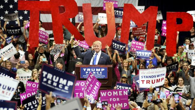 Republican presidential nominee Donald Trump rallies supporters at the Cambria County War Memorial Arena in Johnstown, Pa. Friday, Oct. 21, 2016.