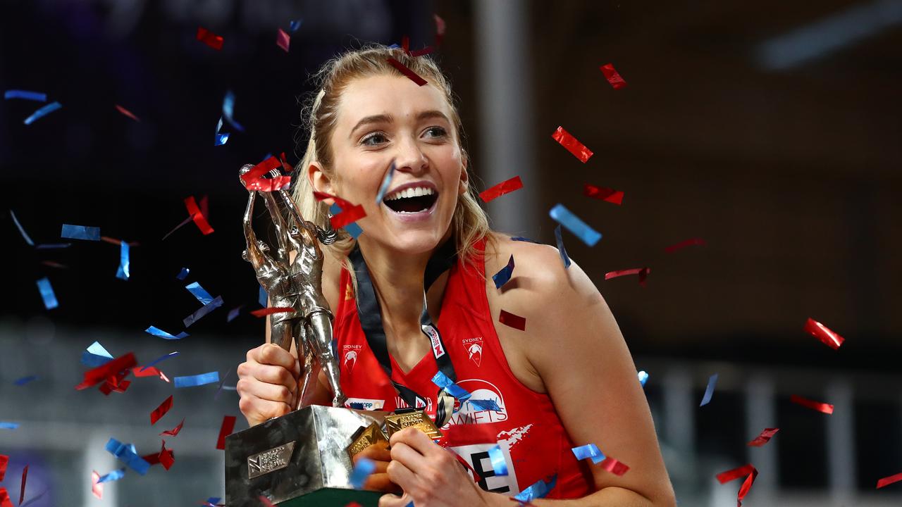 BRISBANE, AUSTRALIA – AUGUST 28: Helen Housby of the Swifts celebrates after the Swifts defeated the Giants during the 2021 Super Netball Grand Final match between Sydney Swifts and GWS Giants at Nissan Arena, on August 28, 2021, in Brisbane, Australia. (Photo by Chris Hyde/Getty Images)