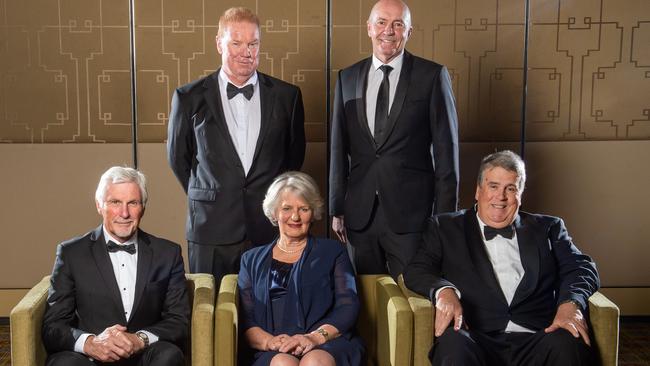 AFL Hall of Fame inductees at Crown Palladium. Inductees Brad Hardie, Mick Malthouse and Ken Hunter. Deceased inductees Ron Evans (represented by his wife Andrea) and Jim Deane (represented by his son Michael). Trevor Barker was also a deceased inductee but his mother wasn't present. Picture: Jay Town