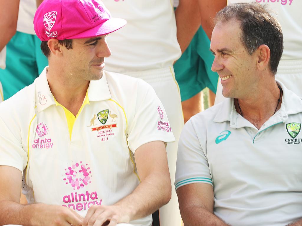 Better times for Justin Langer and Pat Cummins. Picture: Getty Images