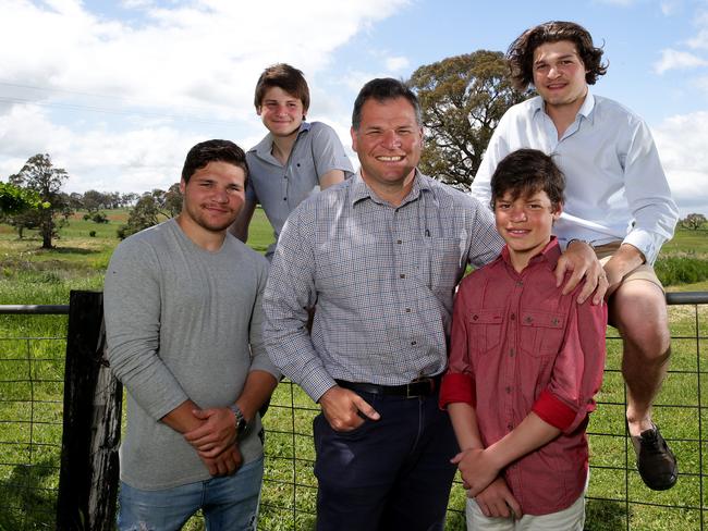 Orange, Shooters Fishers and Farmers Party candidate Philip Donato at his home outside of Orange with four of his sons from left James, 18, Mathew, 16, Sean, 12, and Peter, 17, after receiving big swings towards himself in yesterdays Orange by-election. Picture: Jonathan Ng