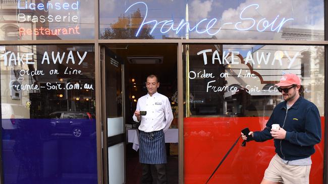 Head chef Geraud Fabre of French restaurant France Soir waits for takeaway orders in Melbourne. Photo: William West