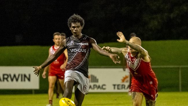 Tiwi Bombers young gun Karlson Kantilla in action during the 2023/24 NTFL season. Picture: David Bradley