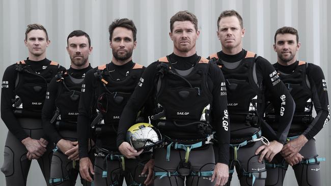 The Australia SailGP team of Kyle Langford, Kinley Fowler, Ky Hurst, Tom Slingsby, Sam Newton and Jason Waterhouse. Pio: Brett Costello