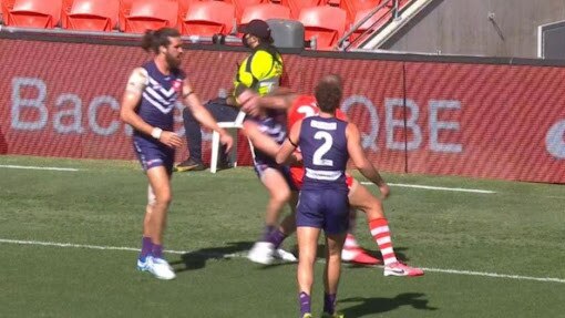 Lance Franklin elbows Luke Ryan — will he be suspended? Picture: Fox Footy