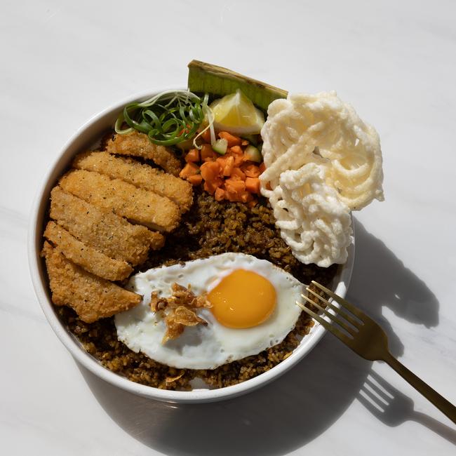 The Nasi Goreng with schnitzel at Kusuka Corner, Sunnybank. Picture: David Kelly