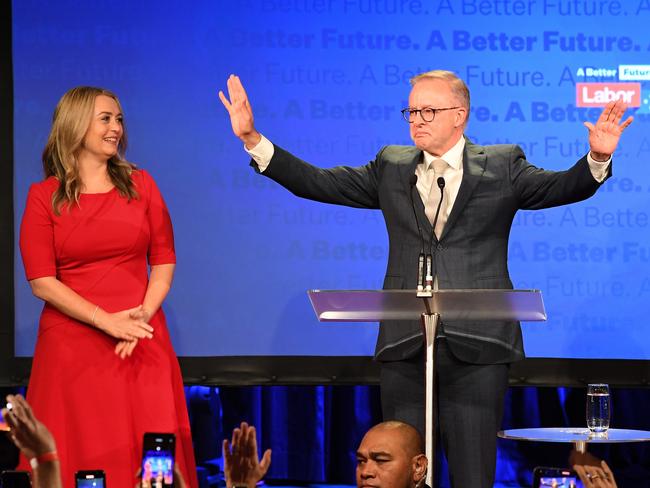 SYDNEY, AUSTRALIA - MAY 21: Labor Leader Anthony Albanese delivers his victory speech during the Labor Party election night event at Canterbury-Hurlstone Park RSL Club on May 21, 2022 in Sydney, Australia. Labor leader Anthony Albanese has claimed victory over Liberal Prime Minister Scott Morrison to become Australia's 31st Prime Minister. (Photo by James D. Morgan/Getty Images)