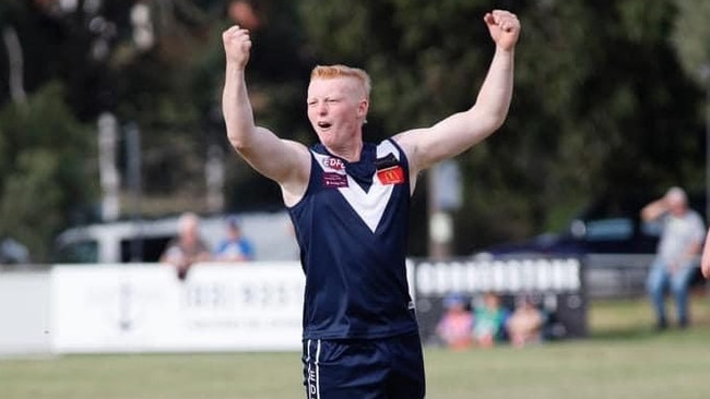 Debutant Jalen Gill celebrates one of his three goals for Avondale Heights on Saturday. Picture: Marc Gianfriddo