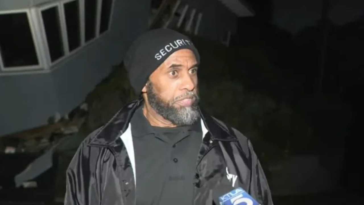 Bryan Kirkwood, who was hired to guard Los Angeles homes, giving KTLA a tour of the home destroyed in the mudslide. Picture: KLTA