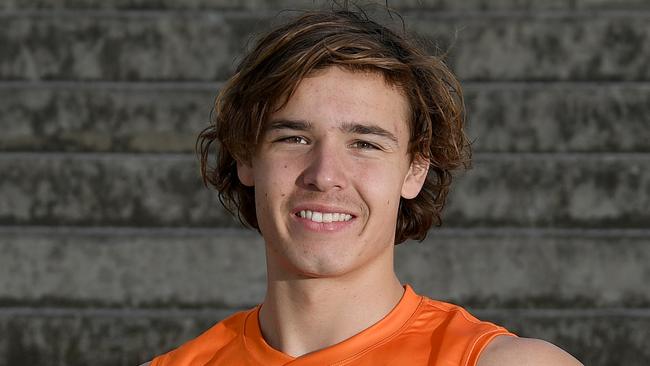 MELBOURNE, AUSTRALIA - NOVEMBER 29: Aaron Cadman of the Giants poses after he was selected as the number 1 draft pick  during the 2022 AFL Draft Victorian-Based Players Media Opportunity at Marvel Stadium on November 29, 2022 in Melbourne, Australia. (Photo by Morgan Hancock/Getty Images)