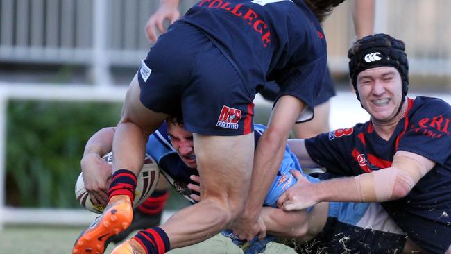 Titans Schools League rugby league clash between Aquinas (Red/Black) vs. Marymount (Blue) at Southport Tigers Rugby League Club. Henry Mellick scoring a try. 24 May 2021 Southport Picture Richard Gosling