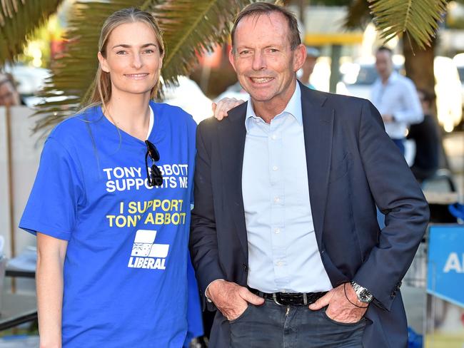 Tony Abbott and daughter Bridget outside a prepoll voting centre at Brookvale on Thursday. Picture: Troy Snook