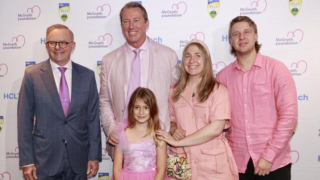 Prime Minister Anthony Albanese with Glenn McGrath, who appeared at the Jane McGrath High Tea with and his kids James, Holly and Madison. Picture: Tim Hunter.