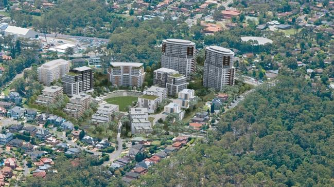 Artist impressions of GROSVENOR PARK at West Pennant Hills which could include 15 residential towers and 25 townhouses. at the corner of Coonara Ave and Castle Hill Rd.